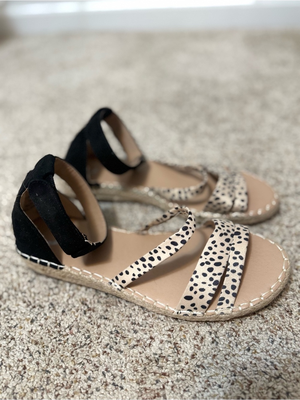 Spotted Dalmatian Print Strappy Espadrille Sandals - Black & Cream - Size 8.5
